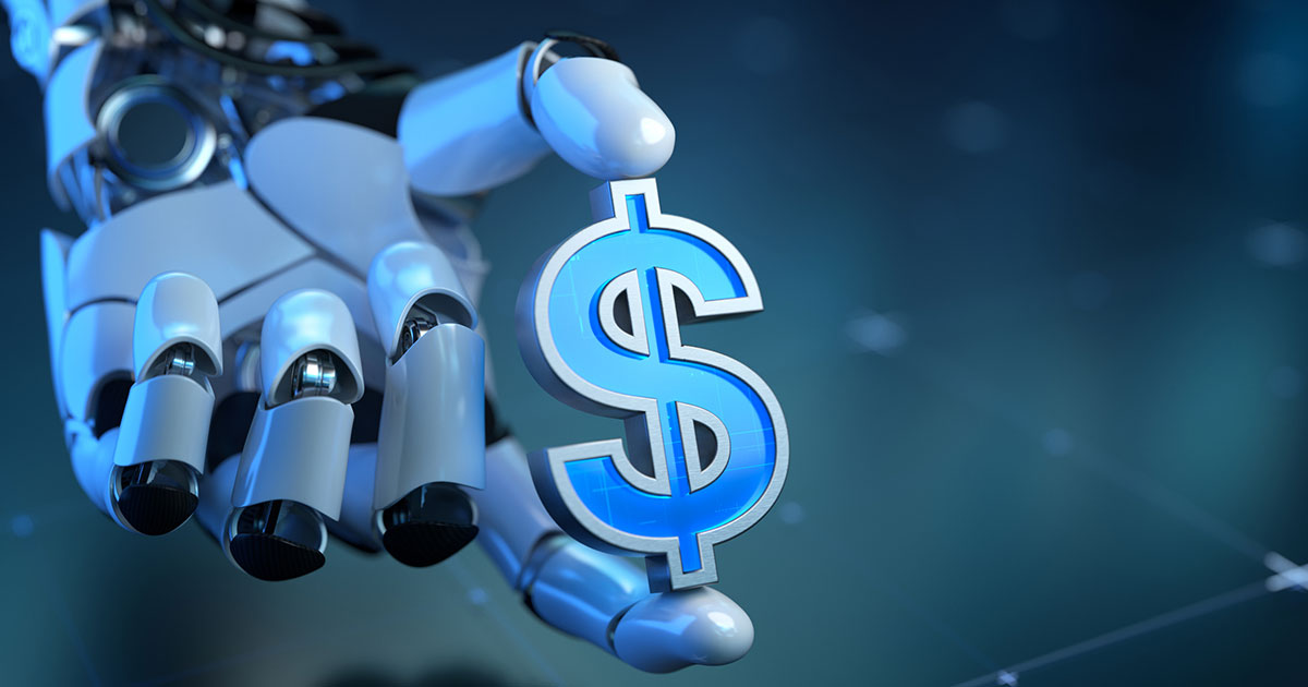 robotic hand holds a dollar sign