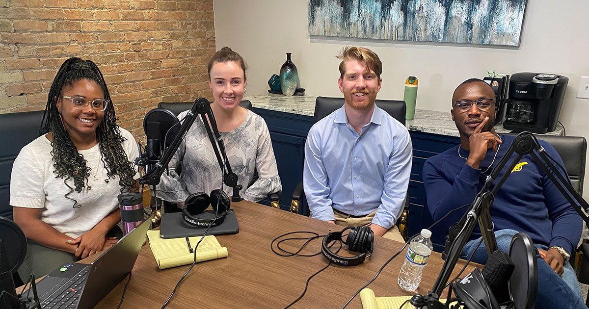 Bottom Up podcast co-host Kristen Hardy, first-year associate Kate Goodhart, summer law clerk Dan Underwood, and co-host Emil Ovbiagele