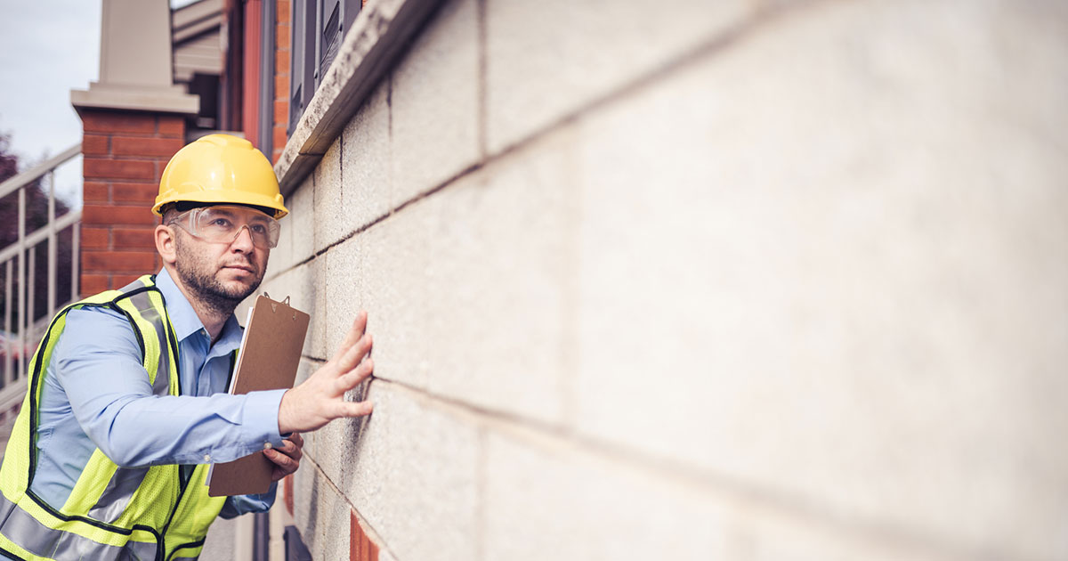 building inspector examines the siding of a home