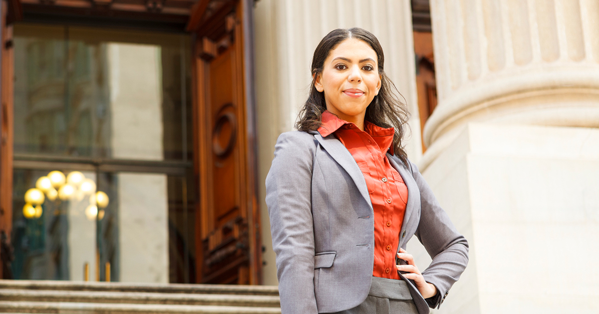 confident lawyer on courthouse steps