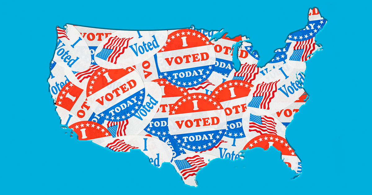 map of United States covered in I Voted stickers