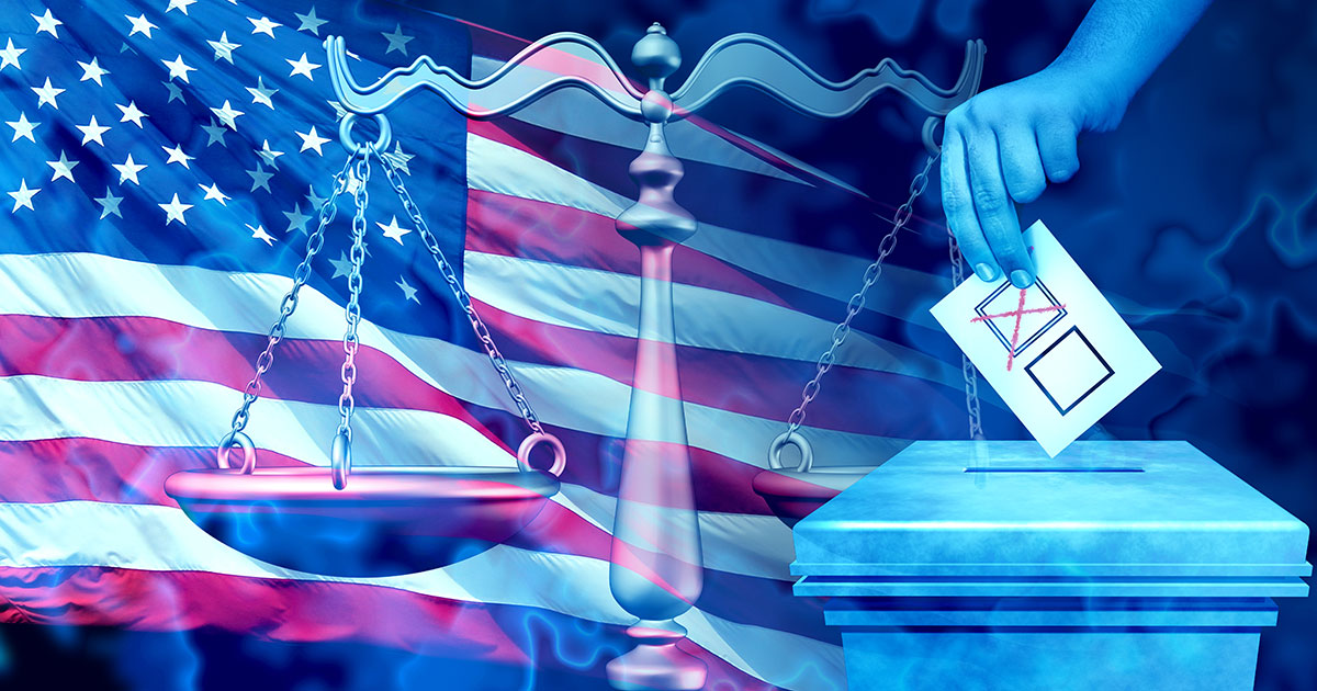 american flag and ballot box with scales of justice between them