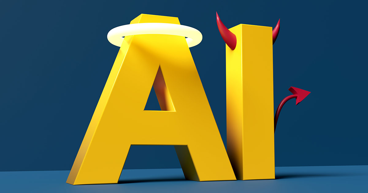 The letters AI with a halo and horns