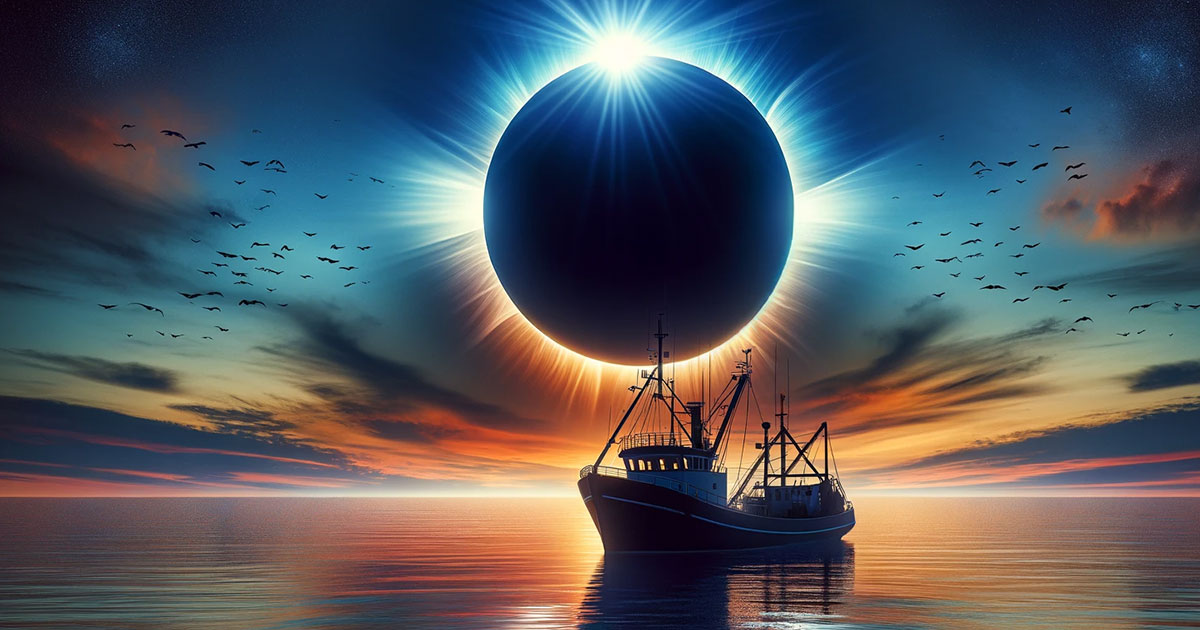 fishing boat with total solar eclipse in the sky